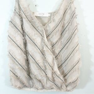 ASTR Gray Silver Feathery Trim Stripes Cami Tank Top Blouse Bohemian
